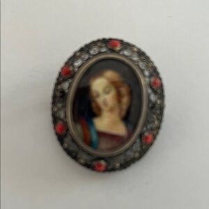 Antique Silver Filigree With Red Coral Painted Portrait Oval Brooch or Pendant